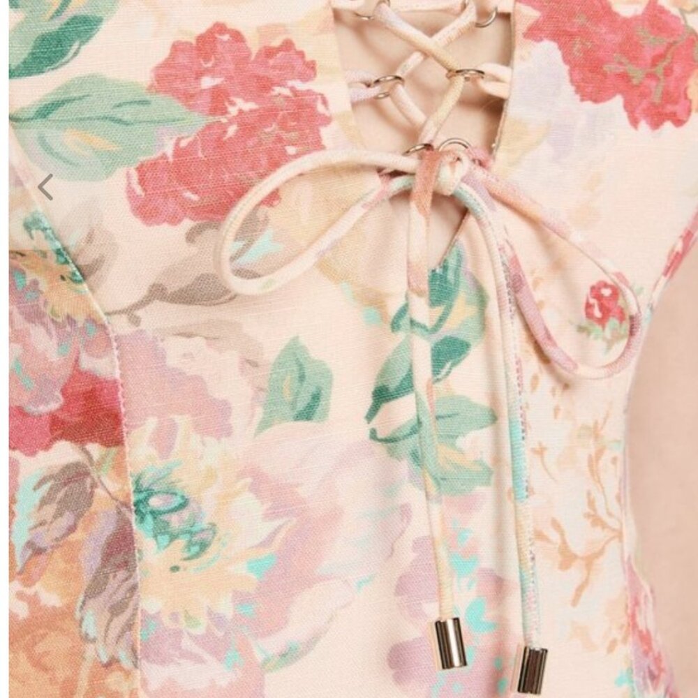 Significant Other Floral Midi Dress Size 10 Peach Coral Lace-Up Bodice - Picture 8 of 14